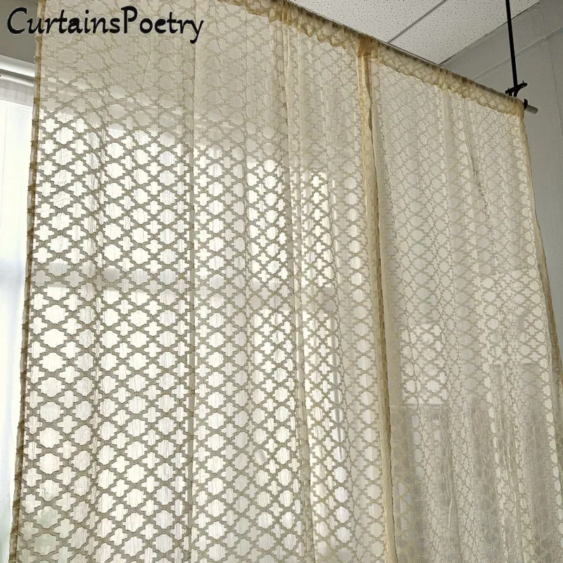 

Moroccan Embroidered Curtains for Bedroom Elegant Lattice Geometric Embroidery Sheer Curtains Light Filtering Airy Voile Drapes