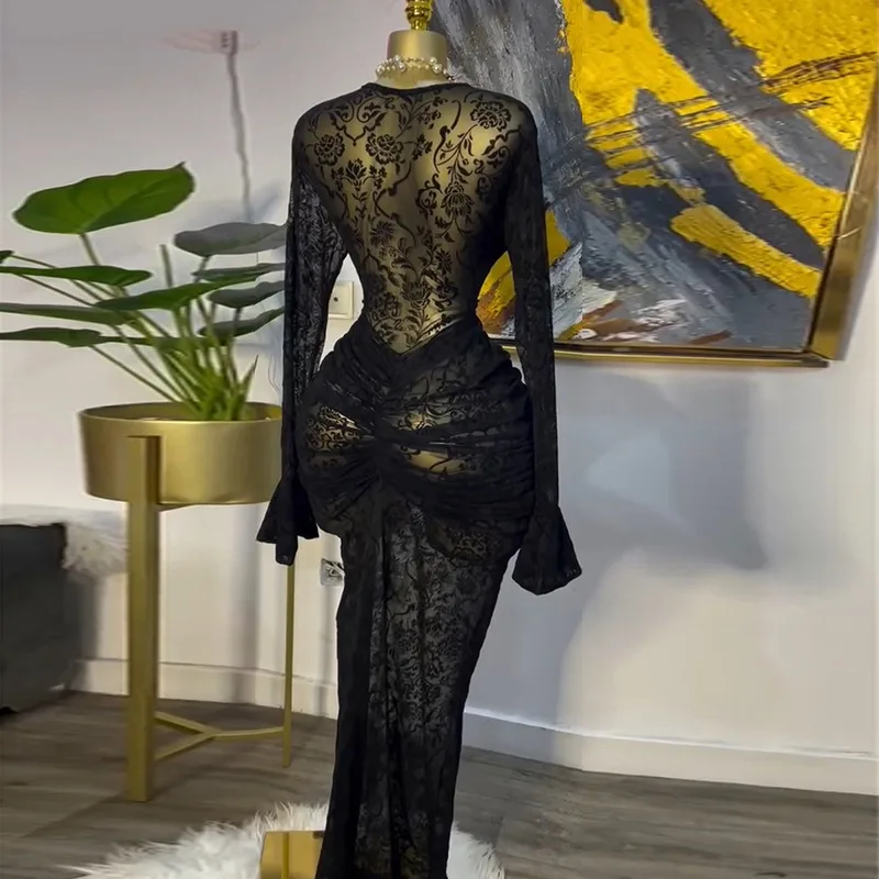 Przezroczysta sukienka maxi z siateczki w kwiatowy wzór, marszczona, obcisła, idealna na imprezę + sukienki na ramiączkach, seksowna sukienka damska z dekoltem typu O, rozkloszowane długie rękawy, suknia wieczorowa