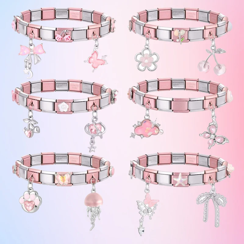 Fashionable New Pink Series Stainless Steel Elastic Bracelet Italian Links Slim Charm Bracelet Punk Watchband Wrist Band Jewelry