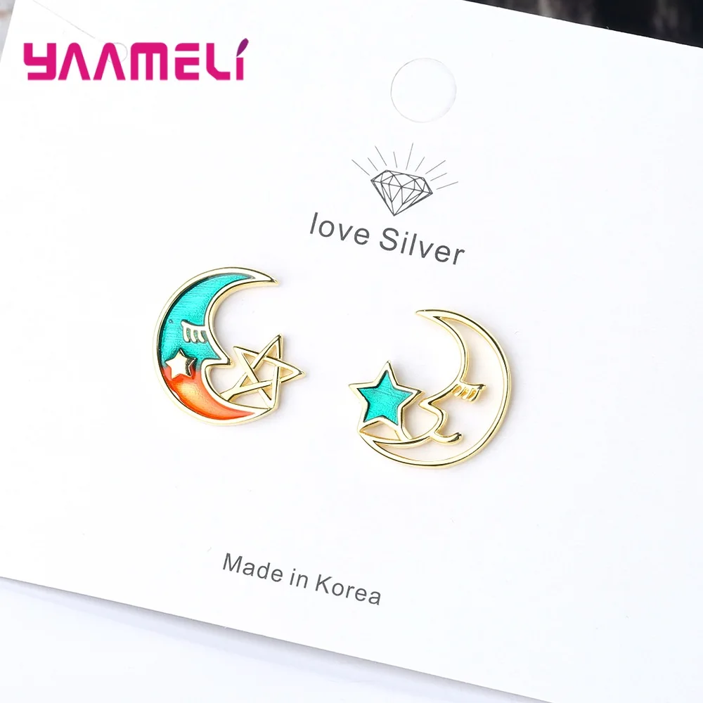 Hot Sale Summer Style Pin Stud Earrings Ear Brincos for Girl Woman 925 Sterling Silver Gradient Moon Star Symmetrical Bijoux