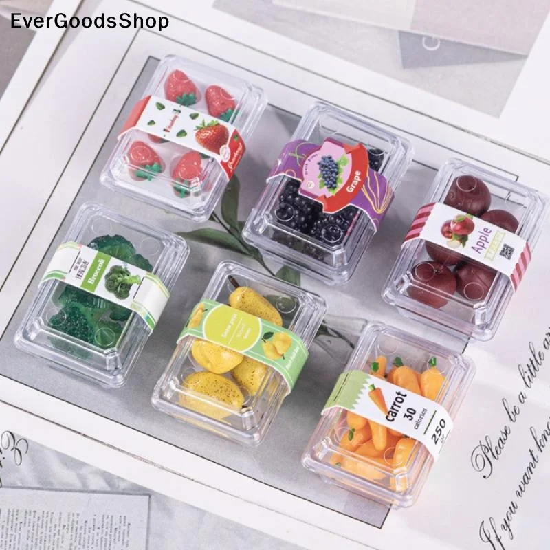 New 1 Set Food Play Scene Decoration 1/12 Dollhouse Mini Vegetables And Fruits In Fresh-Keeping Boxes Doll Accessory Toy