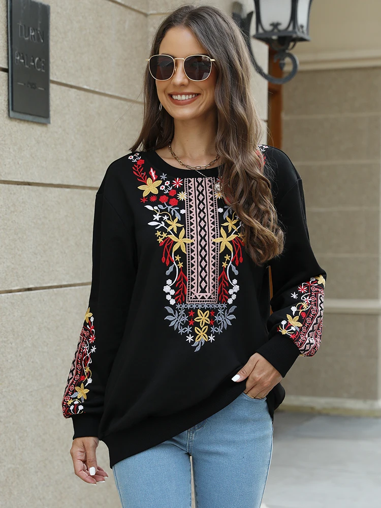 Khalee Yose Floral Embroidery Hoodie Pullover Sweatshirt Boho Cotton Black Autumn Harajuku Vintage Streetwear Female 23XXL Top