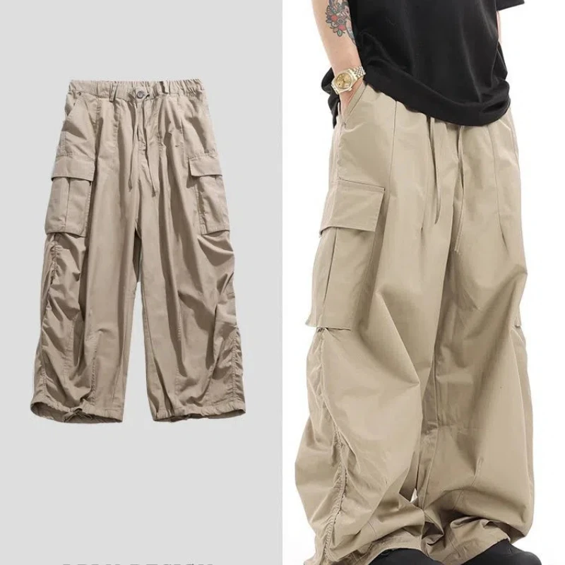 

Boyfriend Sweatpants Elastic Pockets High Waist Button Trousers Cargo Wide Leg Solid Color Spring Autumn Men's Clothing Pants