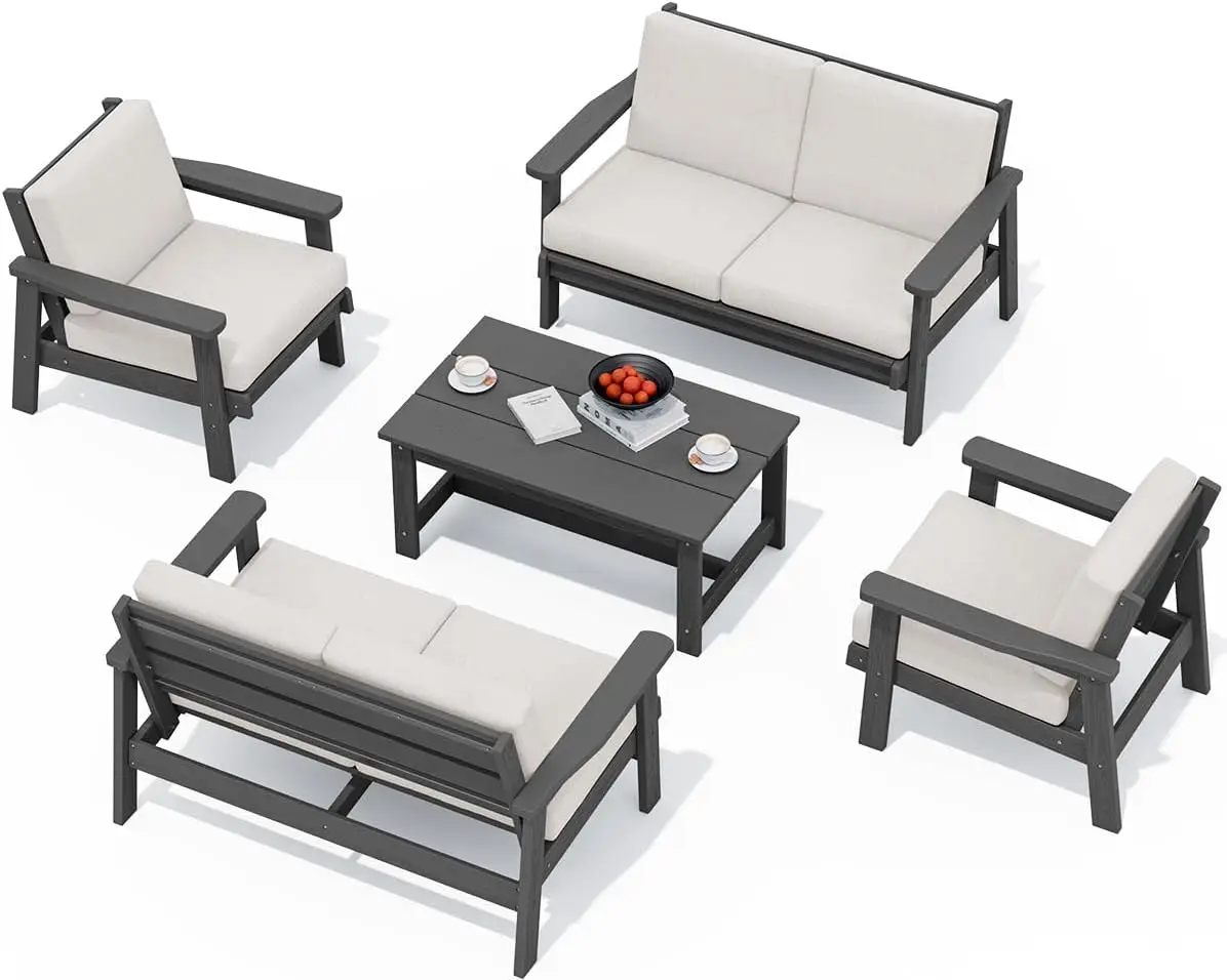 Outdoor Furniture Set, 5 Piece All Weather Outdoor Sofa Set, Wood-Like Outdoor Sectional Couch, Patio Furniture Set