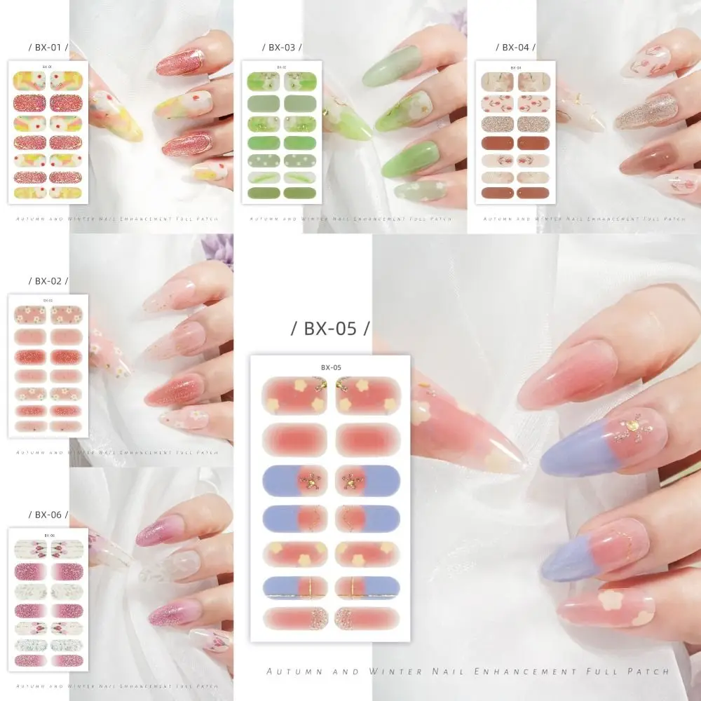 14 strisce adesivi per unghie in Gel Semi polimerizzato copertura completa Patch per unghie floristiche French Nail Art adesivi scintillanti per unghie