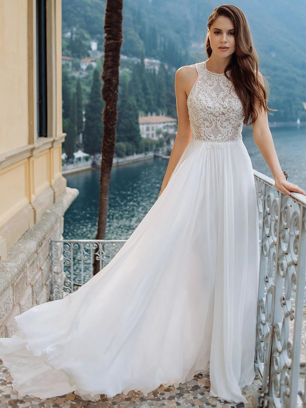 Exquisite Halter Chiffon Wedding Dresses Sleeveless Backless Long Bridal Gowns платье вечернее فساتين السهرة