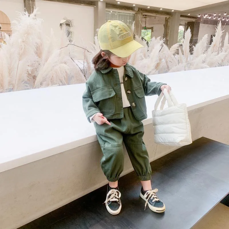 

Girls Denim Suit Spring and Autumn 2024 New Korean Version Foreign Style Baby Leisure Cargo Two-piece Set Clothes Children