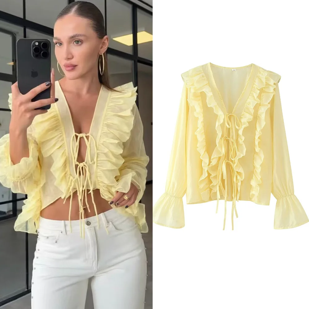 

Women 2025 Summer Yellow Shirt Loose Blouse Casual V-Neck Long Sleeve Ruffled Shirt Elegant Chiffon Chic Tops