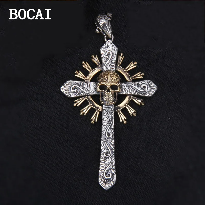 

BOCAI New S925 Sterling Silver Vintage Hip Hop Punk Brass Inlaid Skull Head Cross Pendant for Men