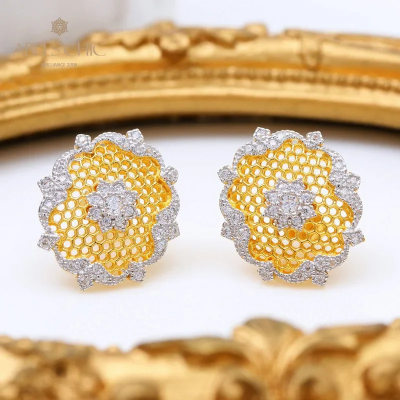 

18K Gold Two Tone Lace Filigree CZ Earrings 925 Sterling Silver Tulle Net Women Stud Earring Renaissance Jewelry C11E4S25148