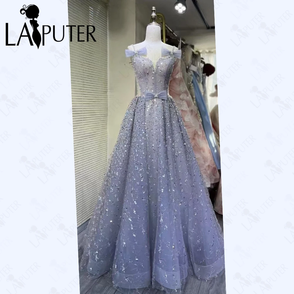 Vestidos de fiesta azules con lentejuelas brillantes, nudo de lazo con cuentas, vestidos de noche de línea A para mujer, vestido Formal largo brillante de aspecto fresco para celebridades