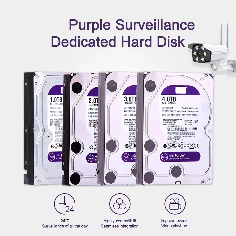 Imagem -02 - W-d Roxo 4tb Vigilância Hdd 64m Cache Sataiii 6.0 gb s 3.5 Disco Rígido Interno Digital Ocidental 1tb 12tb hd Disco Rígido