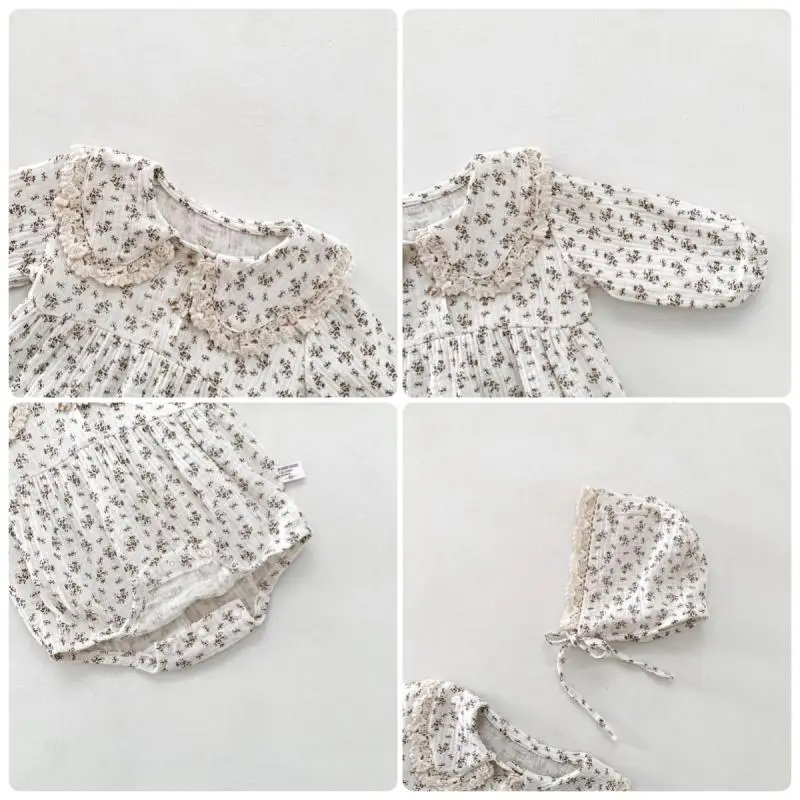 Baby-Mädchen-Strampler mit Blumenmuster, Spitzen-Peter-Pan-Kragen, Langarm-Bubble-Body mit Haube, Weiches, Atmungsaktives Outfit für Frühling und Herbst – Detail 8