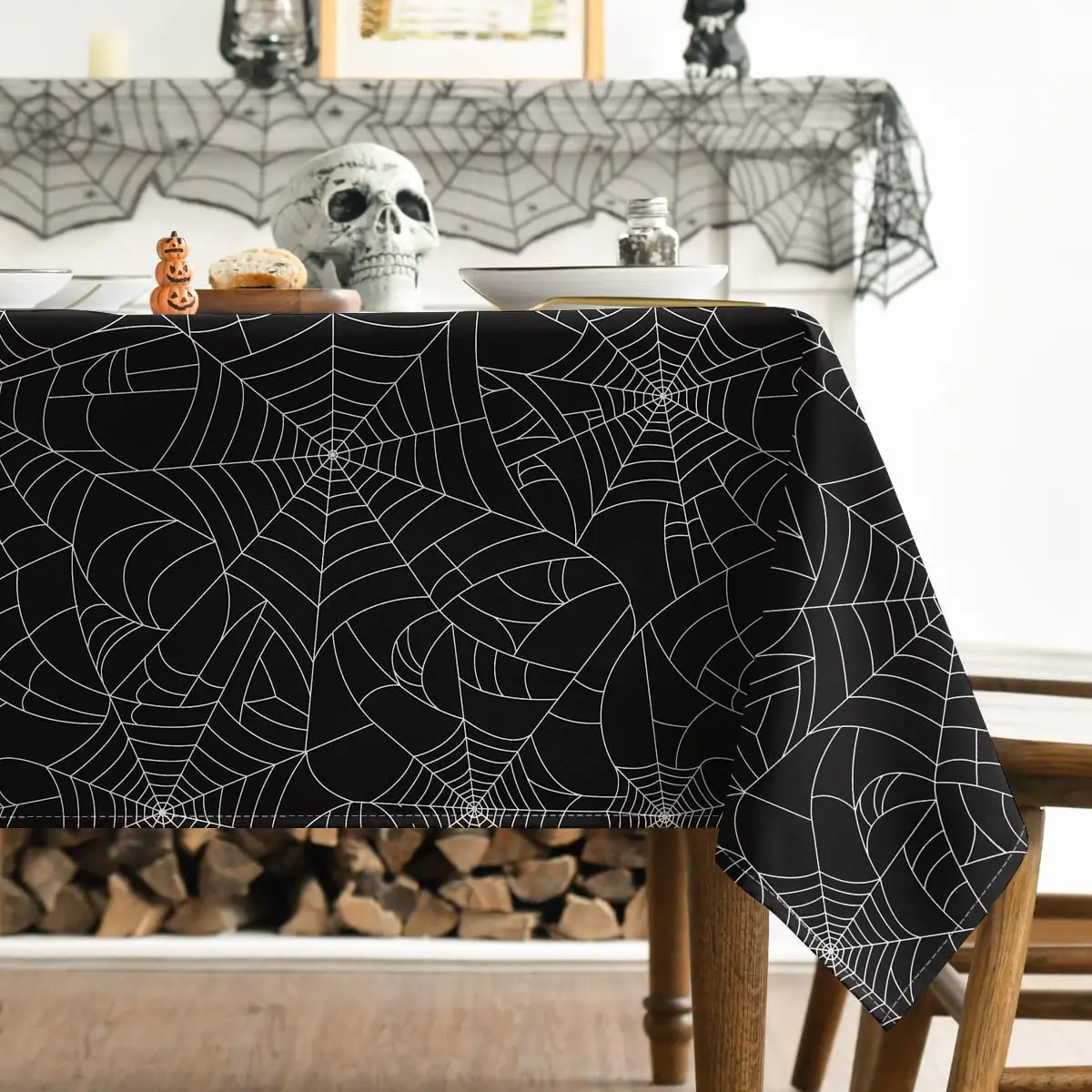 Halloween Cobweb Black Rectangular Washable Fabric Tablecloth Table Decor Durable Table Cover Party Picnic Dinner Decorations
