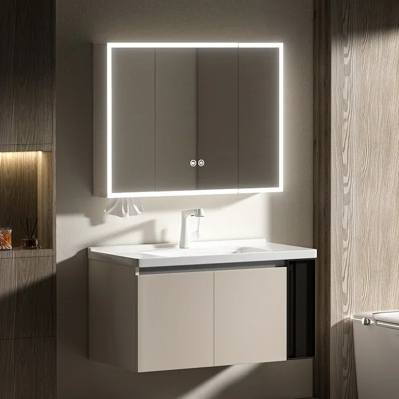 cream wind bathroom cabinet combination with side storage wash basin ceramic integrated basin