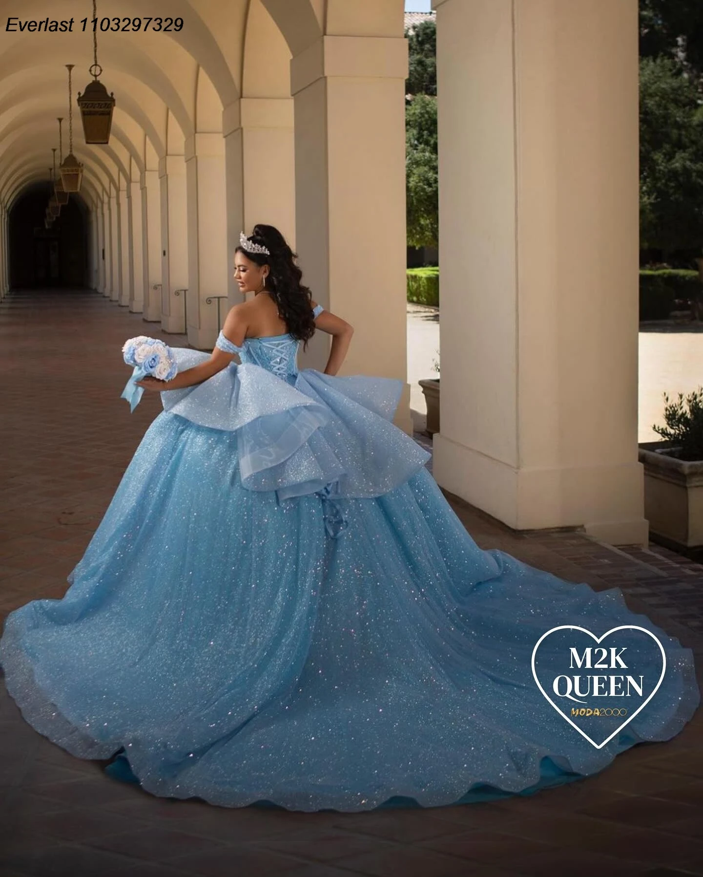 EVLAST Customized Mexican Shiny Sky Blue Quinceanera Dress Ball Gown Applique Beaded Bow Sweet 16 Vestidos De 15 Anos TQD775