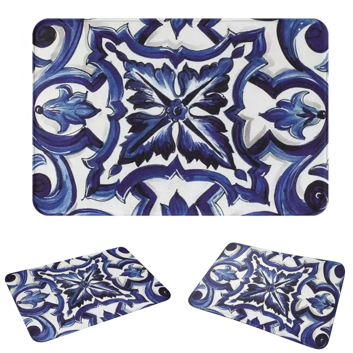 Blue Ornate Floral Mediterranean Sicilian Tile Doormat Dust-proo Carpet Rug Kitchen Entrance Home Floor Mat for Balcony Footpad