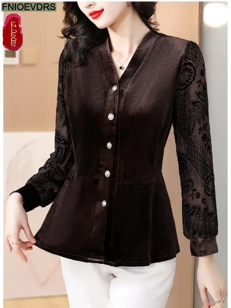 M-3XL Black Velvet Top Women Autumn Winter French Design Elegant Office Lady Work Button Shirt Casual Slim Retro Peplum Blouses