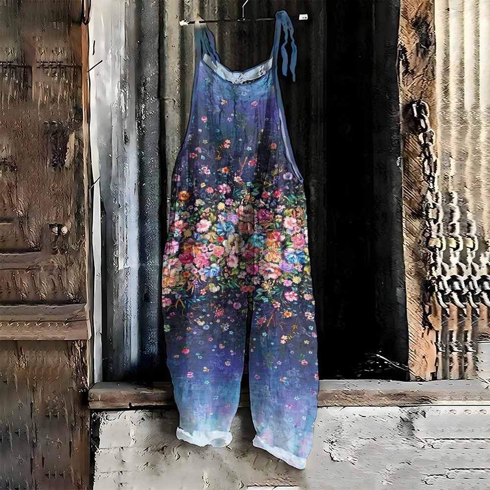 

Women's Casual Vintage Printed Jumpsuit Bohemian Loose Retro Romper Pocket Casual Loose Wide Leg Pants Female Halter Overalls