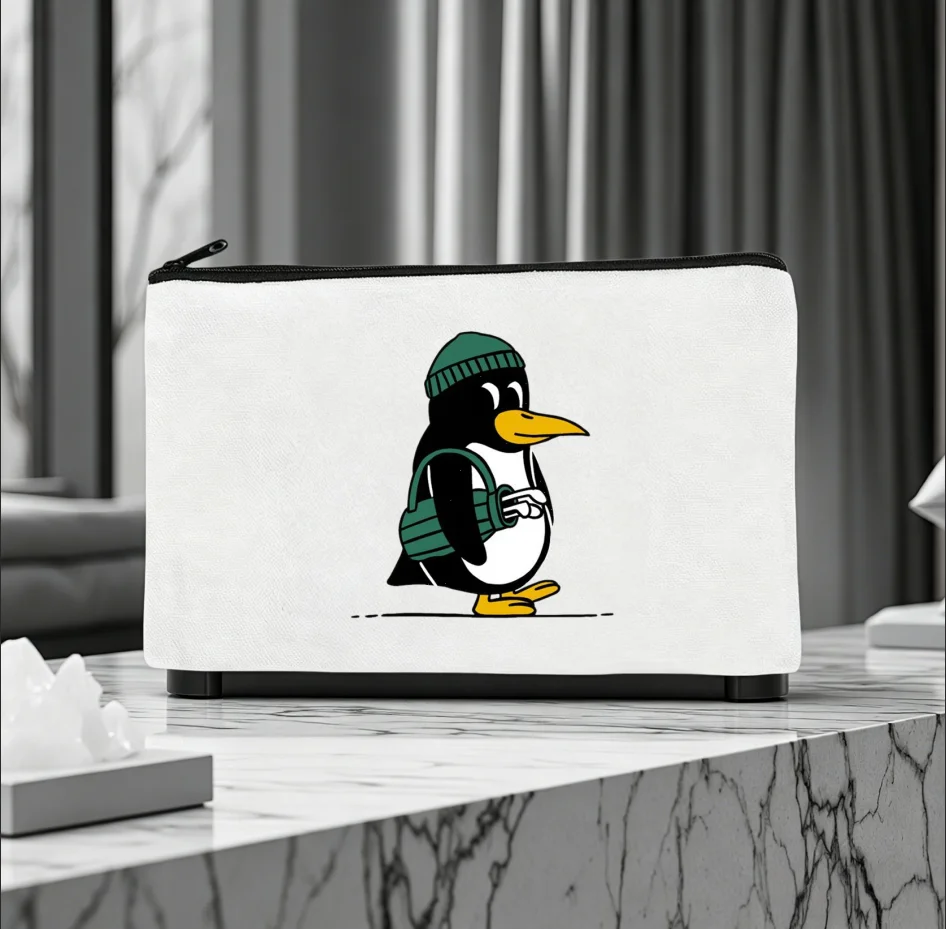1PC Cute Golf Penguin Graphic Print Canvas Cosmetic Bag Portable Zipper Storage Pouch For Golfers