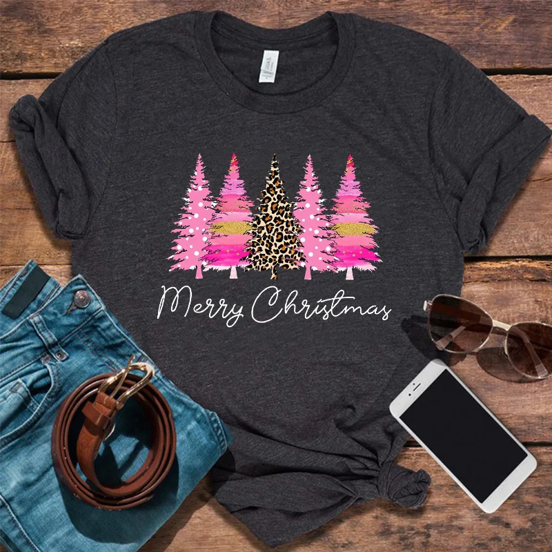 

Ladies Merry Christmas Shirt Women Christmas Tshirt Cute Women Holiday Shirts Leopard Print Christmas Tree Tee Vintage