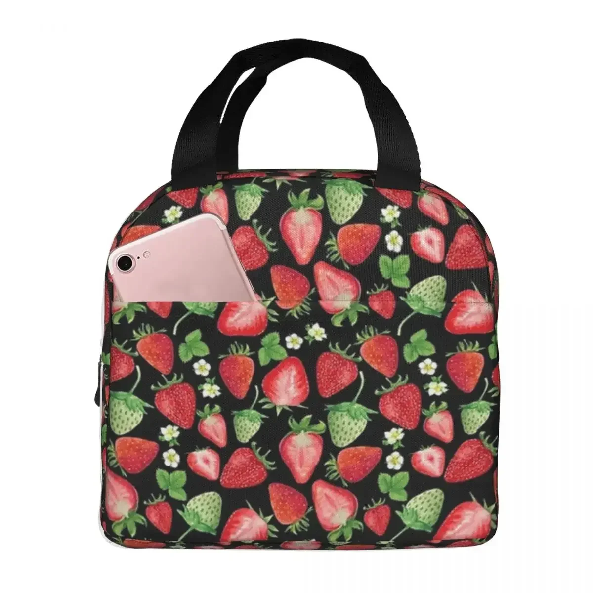 Watercolor Red And Pink Strawberries Insulated Lunch Bags Picnic Bags Thermal Lunch Box Lunch Tote for Woman Work Kids School