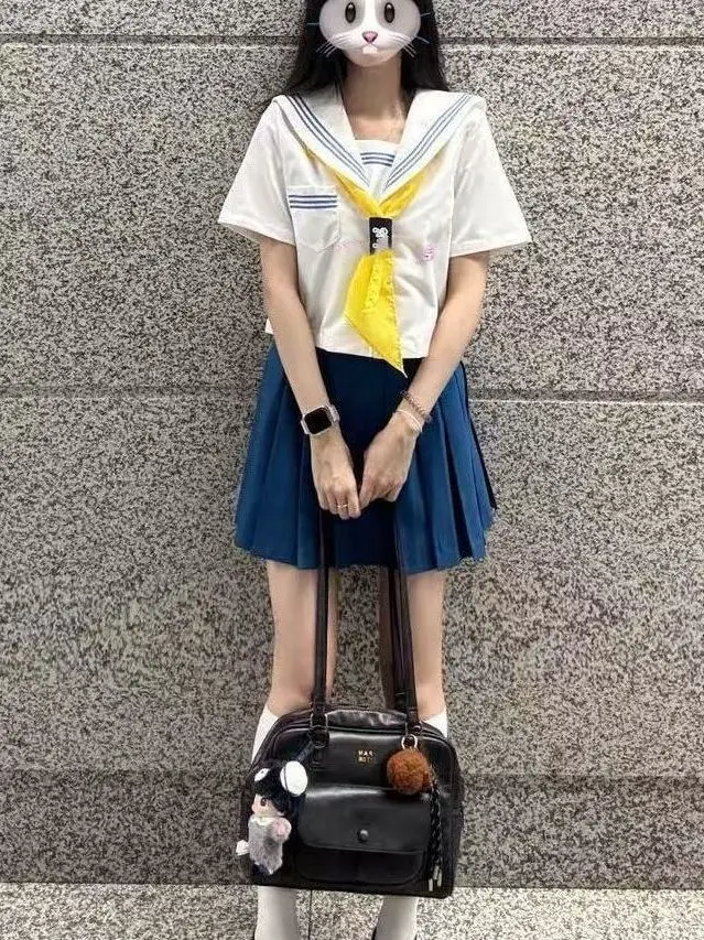 Japanese Style College Preppy Sailor Suit Uniform Short Sleeve Women's Top Skirt Set Navy Collar Pleated Skirt Breathable