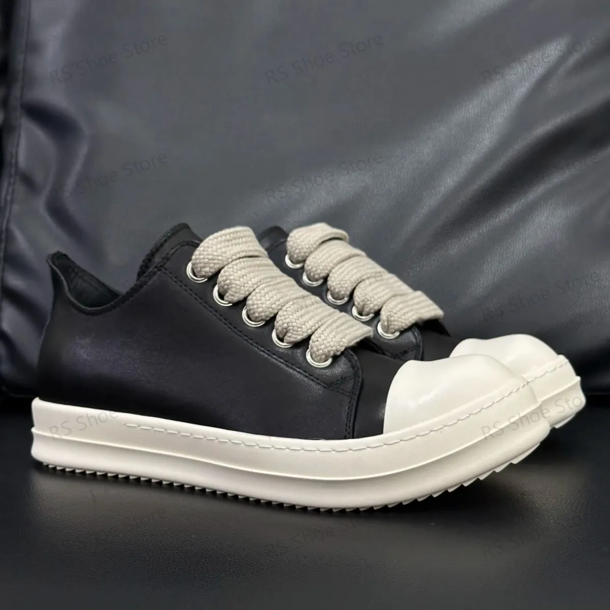 

Ro Men Sneakers Wathet Blue Leather Low Top Shoe Jumbo Laces Women Sneaker Casual Shoes Classic Design Thick Sole Flat Shoes