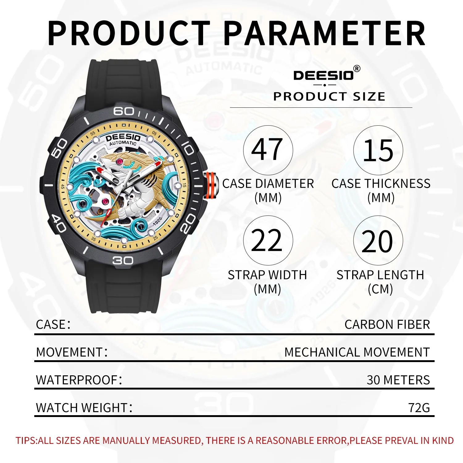Deesio Luxury Men's Automatic Mechanical Watch |Upgrade Carbon Fiber Case Lightweight + 3D Relief Dial, Luminous Hands & 100M/10ATM Waterproof | Silicone Strap | Casual Sport to Business Fashion | Unique Skeleton Design, Perfect Gift for Him/Boyfriend view 7
