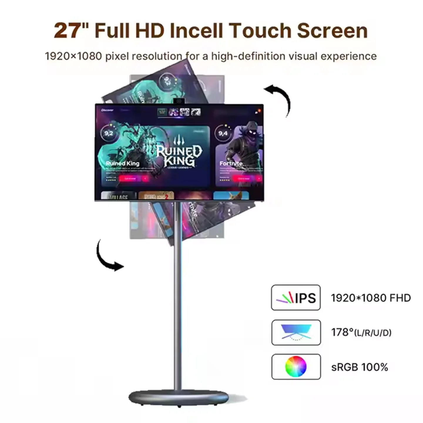 27 Inch Portable Smart TV Android13, IPS Touch Screen Height Adjustable, 100WH Battery Working Time 6-8 Hours