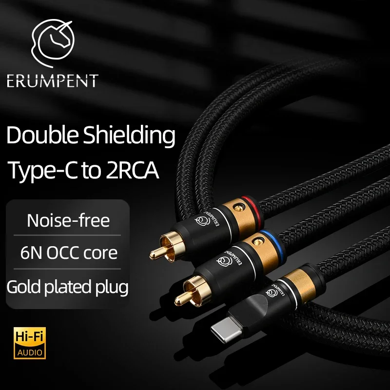 Hi-end HiFi Type-C to 2RCA Audio Cable 6N OCC Gold Plated Plug USB Type-C Upgrade Chip to 2RCA Plug for Phone Amplifier