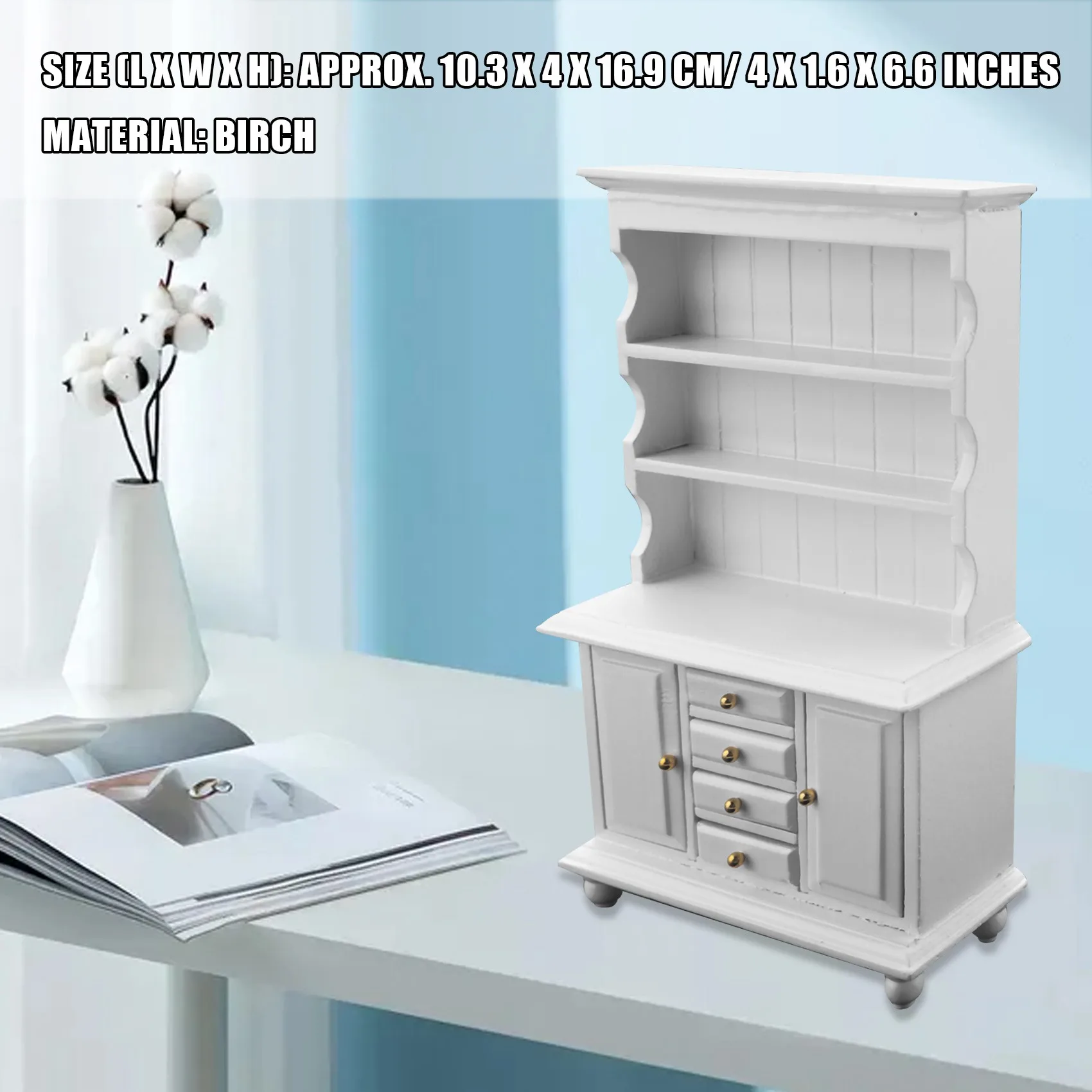 خزانة خشبية متعددة الوظائف لبيت الدمى ، أثاث مصغر ، خزانة كتب بيضاء ،