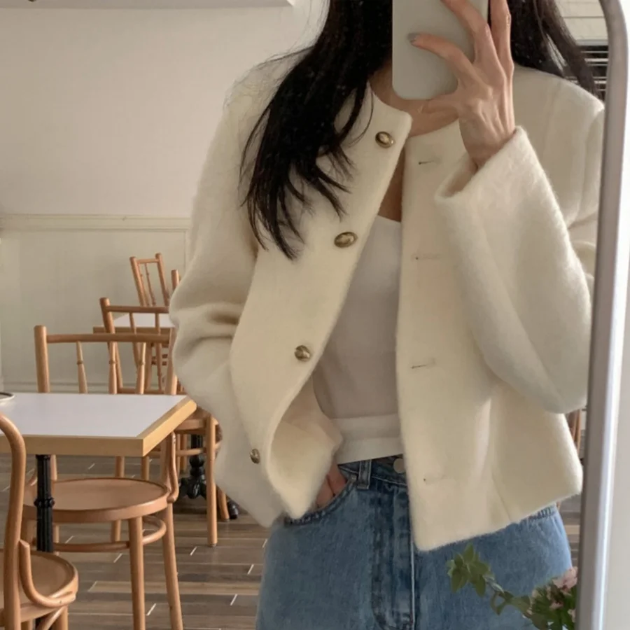 

Clothland Women Stylish Solid Woolen Jacket Long Sleeve Open Stitch Coat Female Office Wear Casual Tops Mujer CB190