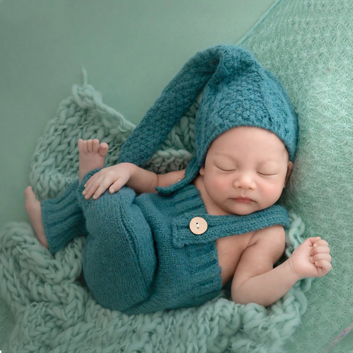 Ylsteed Knitted Newborn Boy Photography Outfits Blue Suspender Pants Overall with Sleepy Hat Infant Photo Props