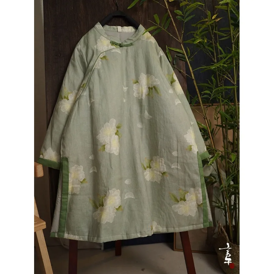 

Художественный льняной хлопковый джет, женский зимний свободный костюм миди с открытым разрезом, дзен-чайный костюм, теплая хлопковая одежда, воротник-стойка с принтом