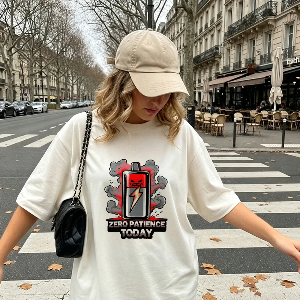 Zero Patience Battery Explosion Graphic T Shirt Female Angry Mood Meme Tee Summer Casual Daily Wear Top
