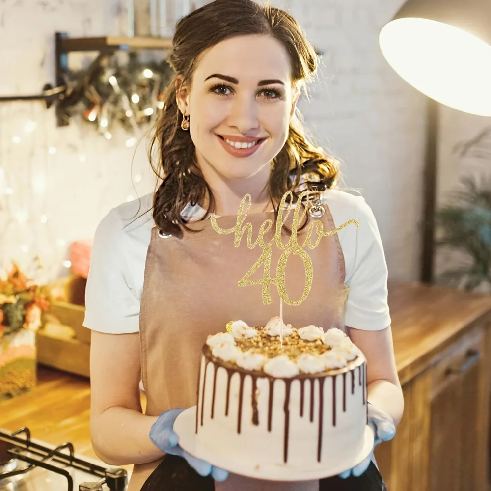 1 x goldener Hello 40-Kuchenaufsatz – elegante Geburtstagsdekoration für Kuchen und Cupcakes – schimmernde Party-Dekoration für den 40. Feier – Detail 5