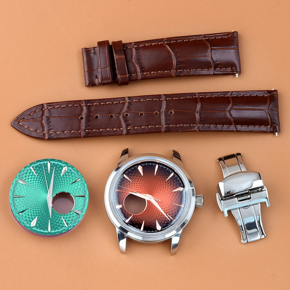 

35mm Dial Hands Fit Cocktail 40mm nh35 Watch Case With Leather Strap Transparent Back cover For NH35 NH36 NH38 Movement Sapphire