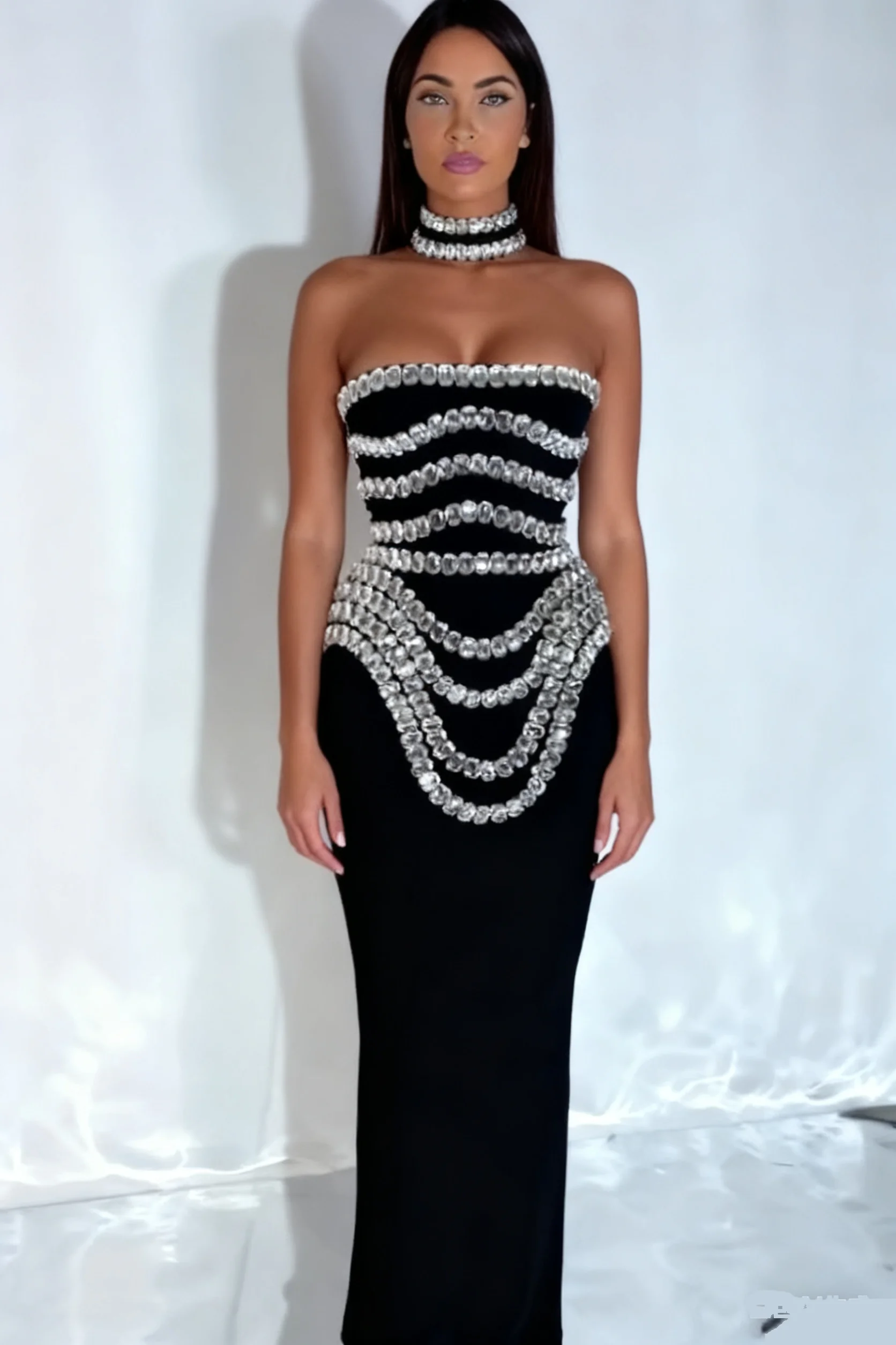 LUCYSHIHATTU Women Luxury Designer Strapless Crystal Banadge Dress with Chorker Maxi Long Celebrity Evening Party Gala Gowns