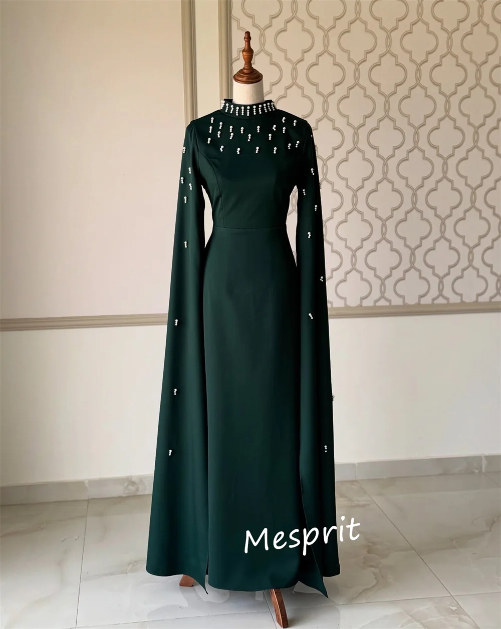 Maßgeschneidertes Jersey-Perlenkleid mit hohem Kragen, A-Linie, Midikleid, maßgeschneidertes Abendkleid für besondere Anlässe, klassisch, Retro, exquisit, formell