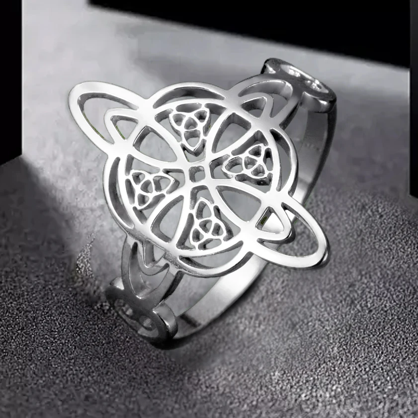 New in Stainless Steel Witch Knot Ring for Women Hollow Triquetra Celtics Knot Rings Amulet Protection Couple Jewelry Gifts