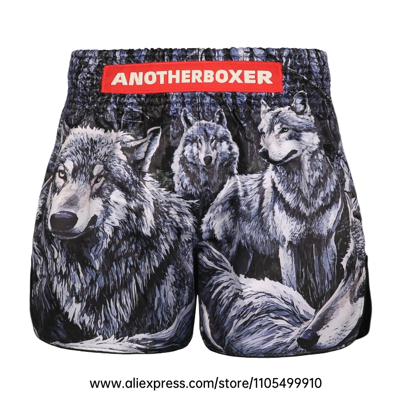Muay-Thai-Shorts mit Wolf-Print, atmungsaktive Kickbox-Shorts, leichte Kampfshorts für Boxen, Kampfsport, Training, Wettkampf