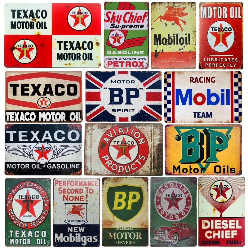 

Vintage Metal Tin Signs, Motor Oil, BP Gasoline, Garage Spark Plugs, Wall Plaque, Art Poster Decor