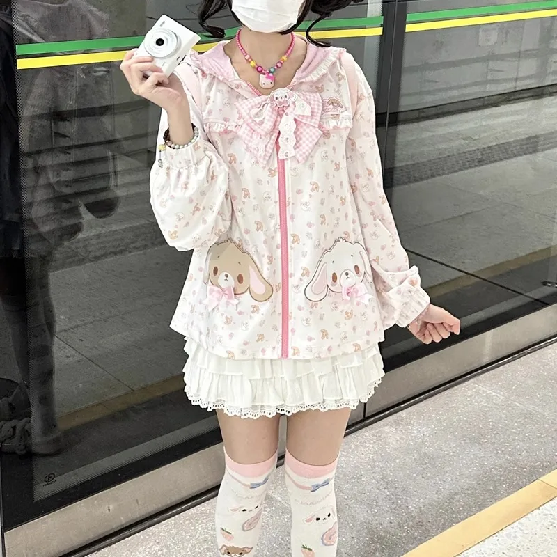 2025 New Japanese Summer Dessert Pink Cartoon Rabbit Long Ears Bow Pocket Hooded Sunscreen Jacket For Women