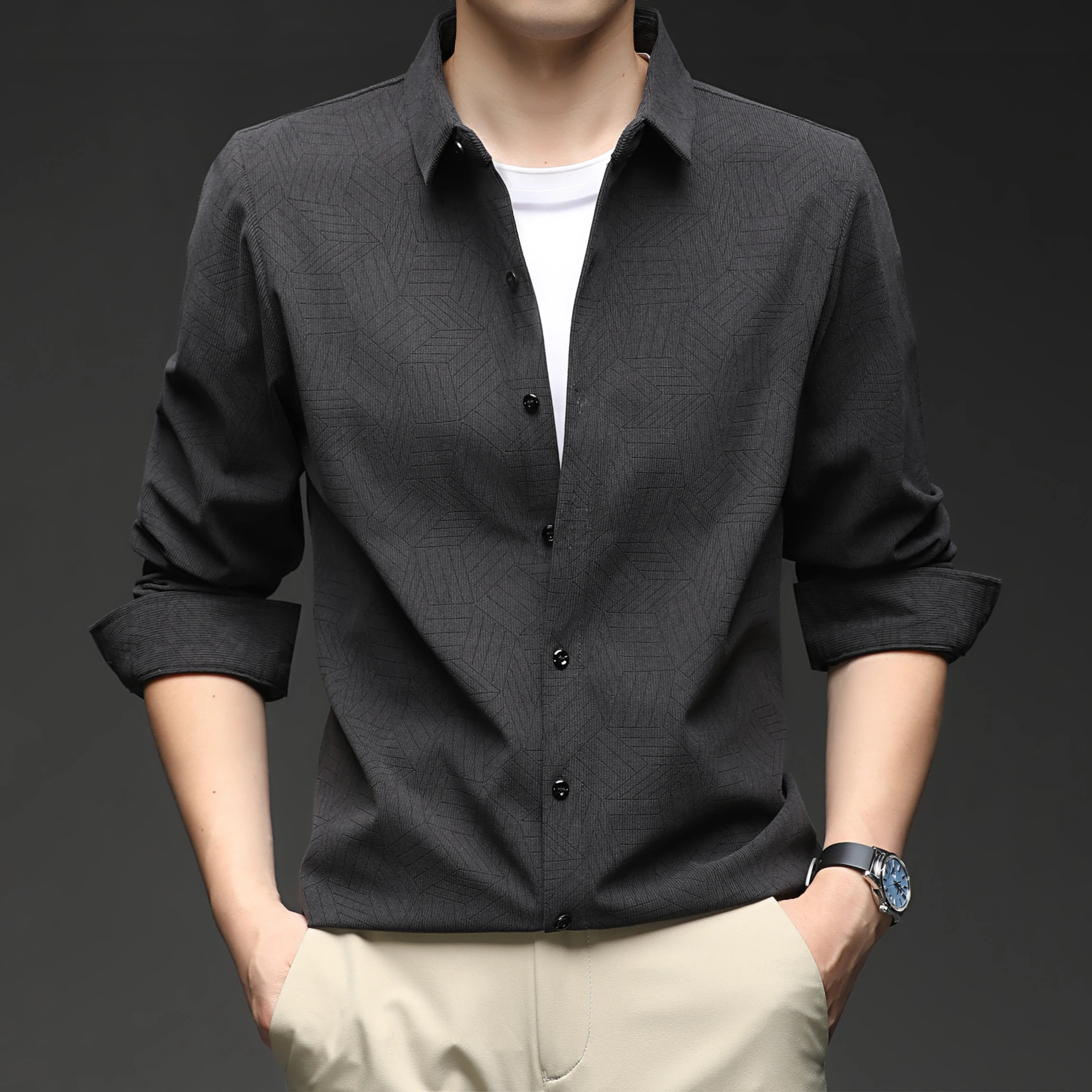 

Мужская повседневная теплая лонгслив-футболка из полиэстера с геометрическим узором, приталенная, для ношения под одеждой, осень-зима, модная