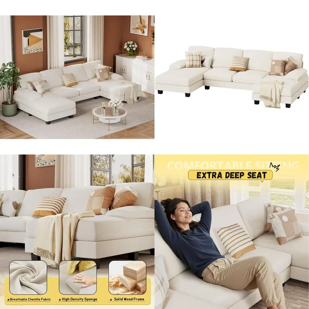 

4-местный секционный диван из ткани шенилл со съемными подушками для современных гостиных и небольших помещений