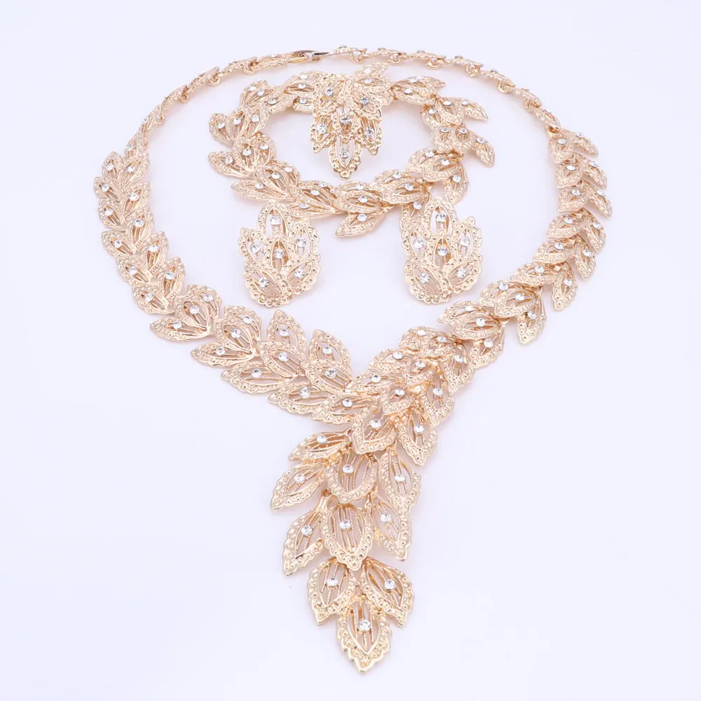 Jewelry Sets For Women Fine Crystal Necklace Earrings Bracelet Set African Beads Gold Color Pendant Wedding Dress Accessories