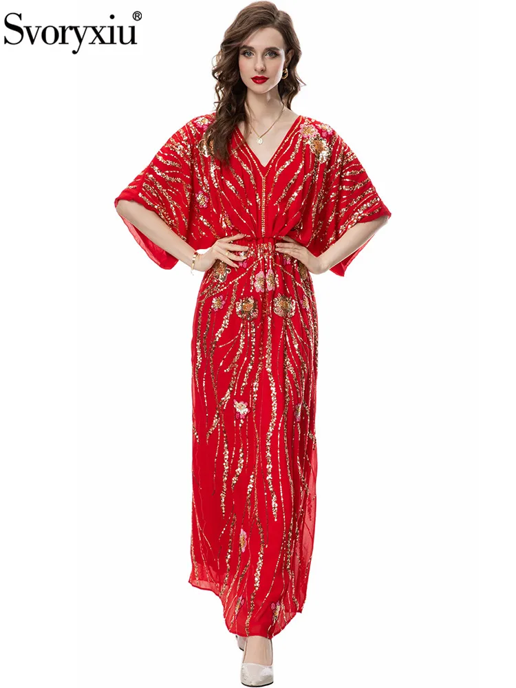 

Svoryxiu Runway Fashion Summer Red Elegant Pencil Floor-Length Dress Women's V-Neck Gorgeous Sequins Floral Embroidery Dress