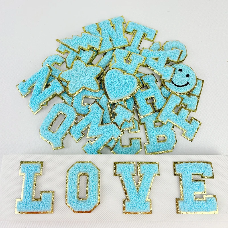 Teal Letters Sticker Patch Alphabet Towel Embroidered Chenille Patches for Clothing Bags Jacket Stick on Accessories Applique