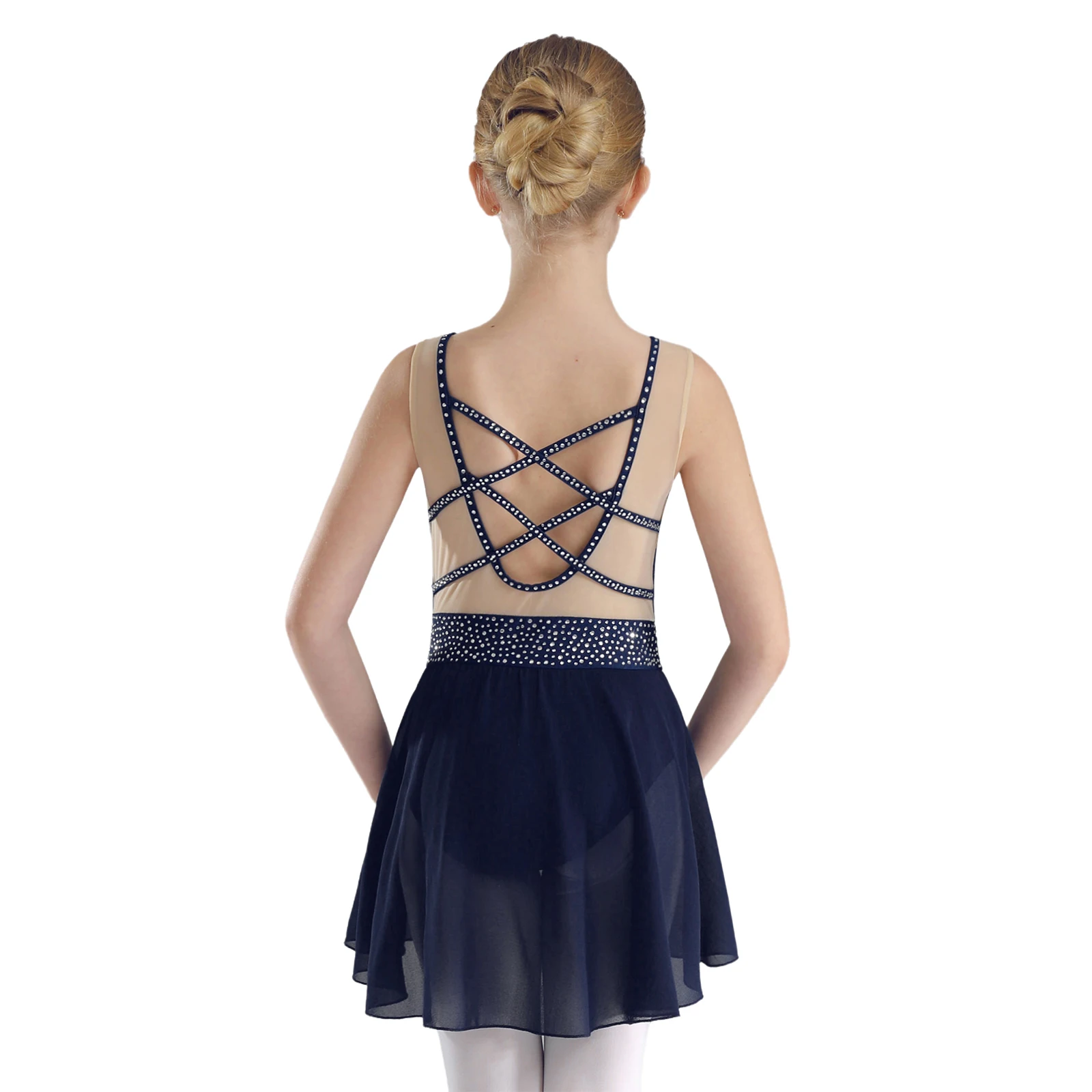 6-16Y Girls Lyrical Dance Dress Figure Skating Ballet Gymnastics Acrobatics Leotard Sleeveless Rhinestone Sheer Mesh Dancewear